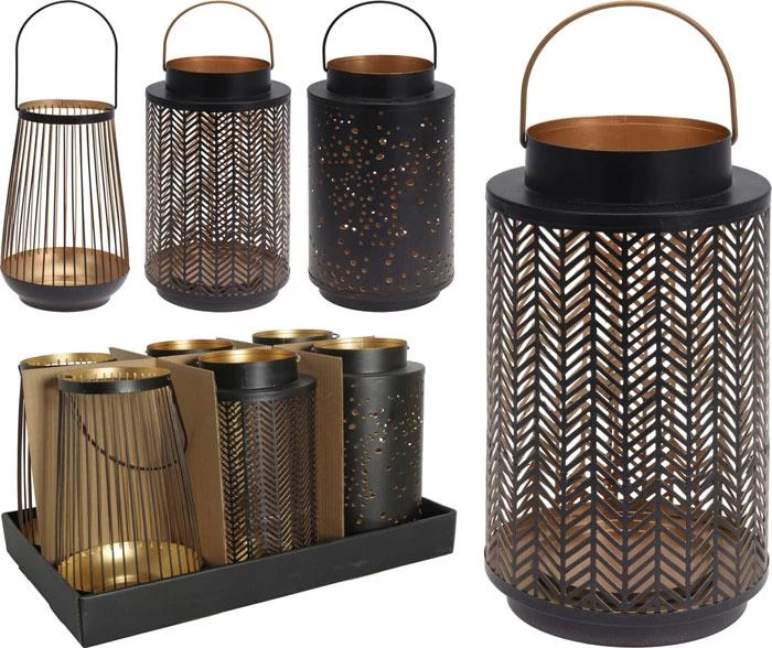 H&S DECO LANTAARN METAAL ZWART/GOUD 24CM 3 H&S DECO LANTAARN METAAL ZWART/GOUD 24CM